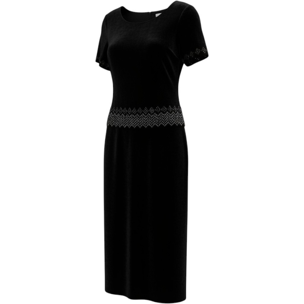 Vintage Black Velvet Beaded Midi Dress Short Sleeve Sheath Evening Gown Formal‎